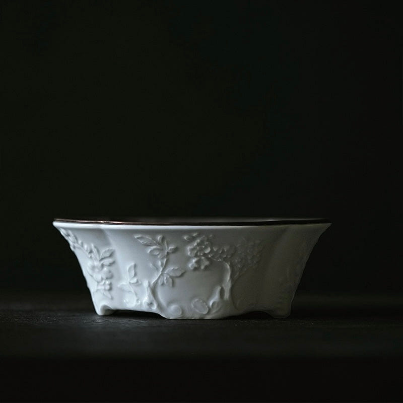 Jingdezhen Begonia Carved Teaboat with Pewter Lid 1 count