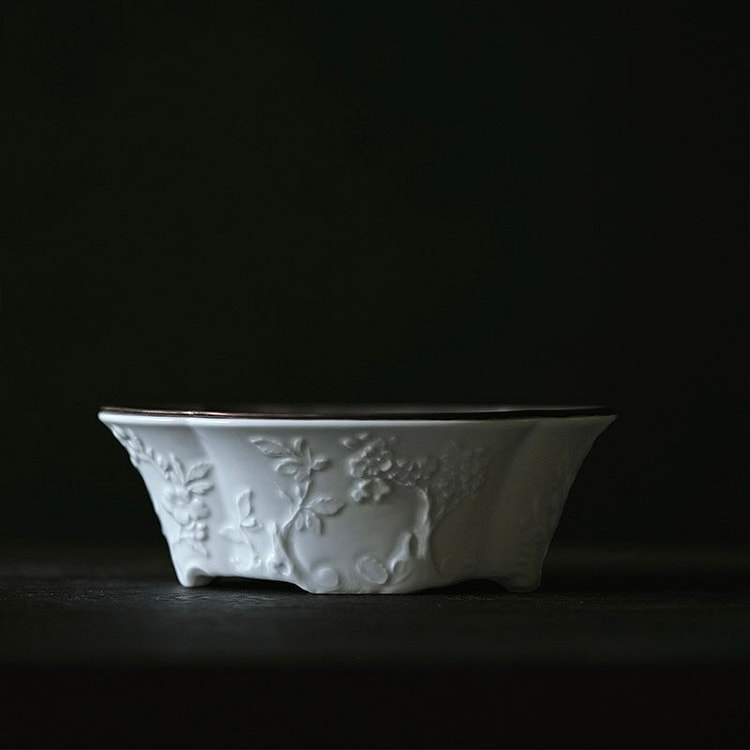 Jingdezhen Begonia Carved Teaboat with Pewter Lid 1 count