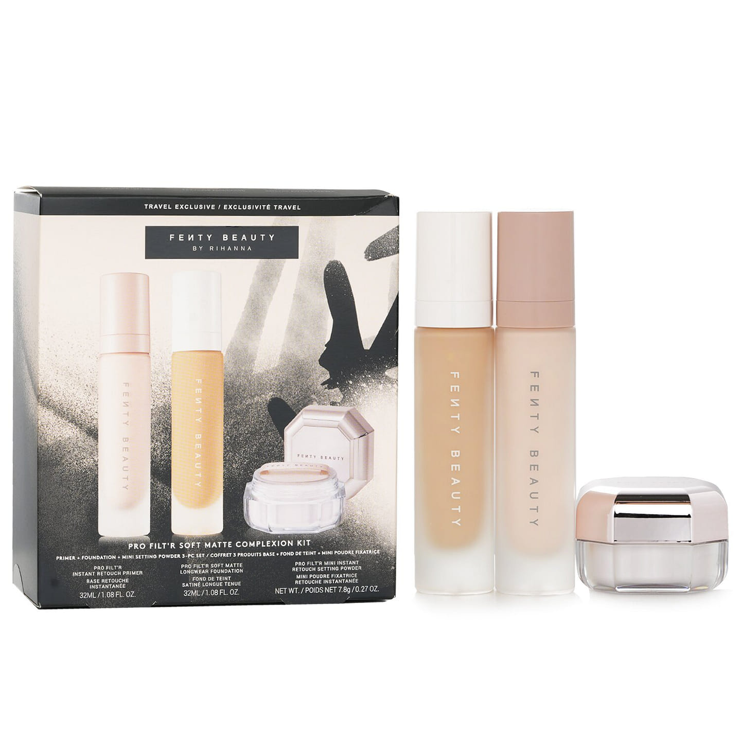 Fenty Beauty by Rihanna Pro Filt’R Soft Matte Complexion Kit: Foundation 32ml + Primer 32ml + Instant Retouch Setting Powder 7.8g 3 bottle