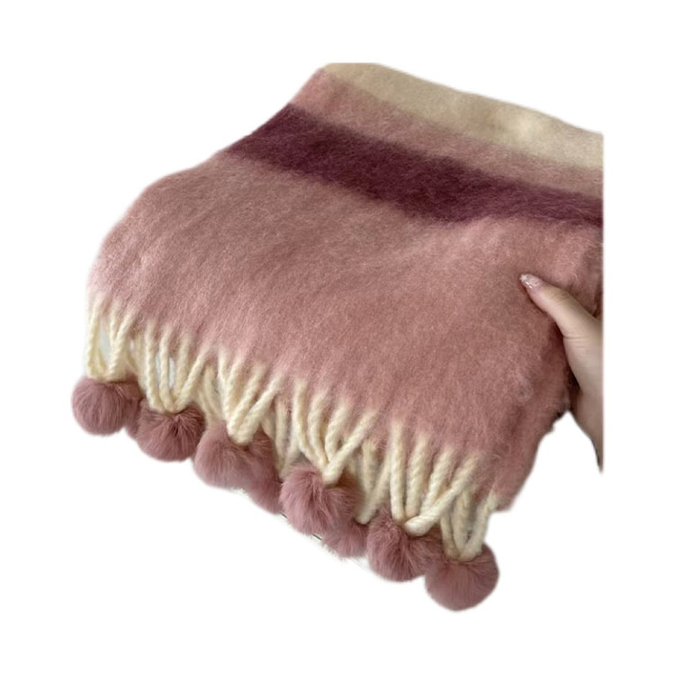 多巴胺彩色条纹手工毛球保暖围巾 加厚 防寒-粉色 1 个