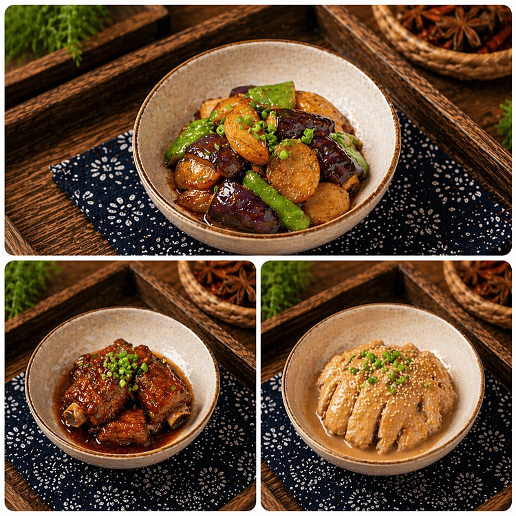 东北硬菜三拼 地三鲜 芝麻酱香鸡 红烧排骨 1 份
