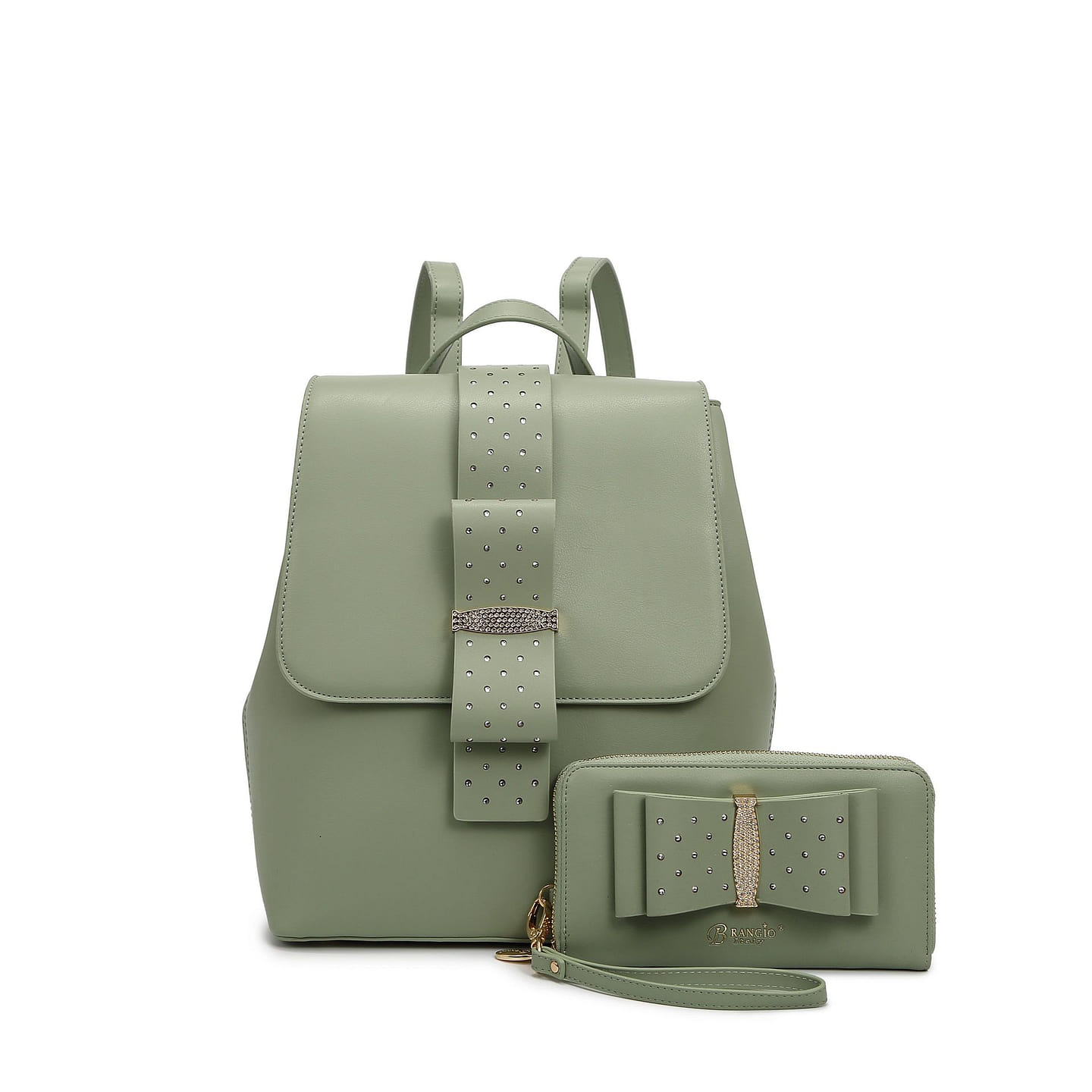 Ribbon Romance Backpack with Rhinestones+Matching Wallet Set[RKB4256+RKW4268-GN] 1 each