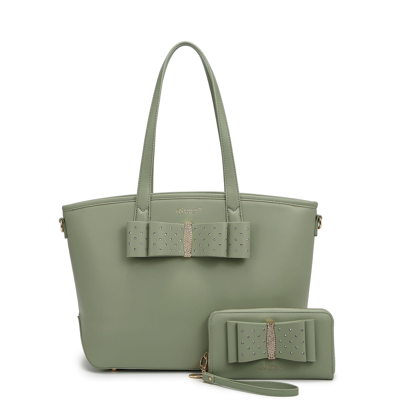 Ribbon Romance Tote Bag with Rhinestone+Matching Wallet Set [RK4289+RKW4268-GN] 1 each