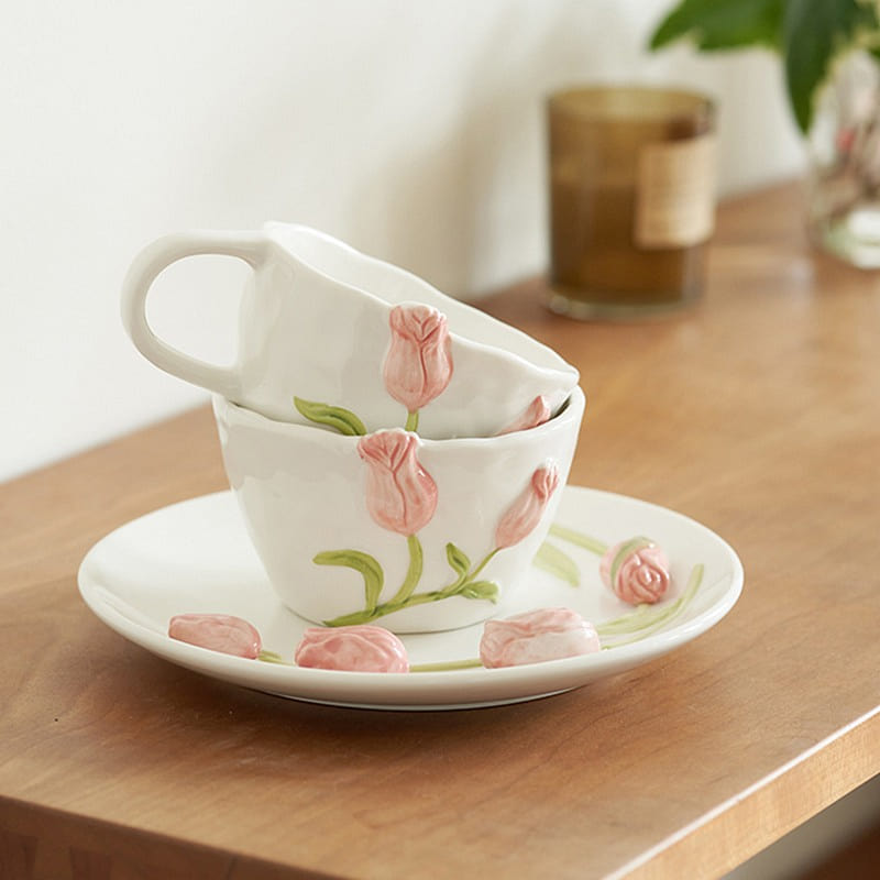 Handmade Original 3D Tulips Ceramic Mugs Plates Bowls Set pink set of 3 1 each
