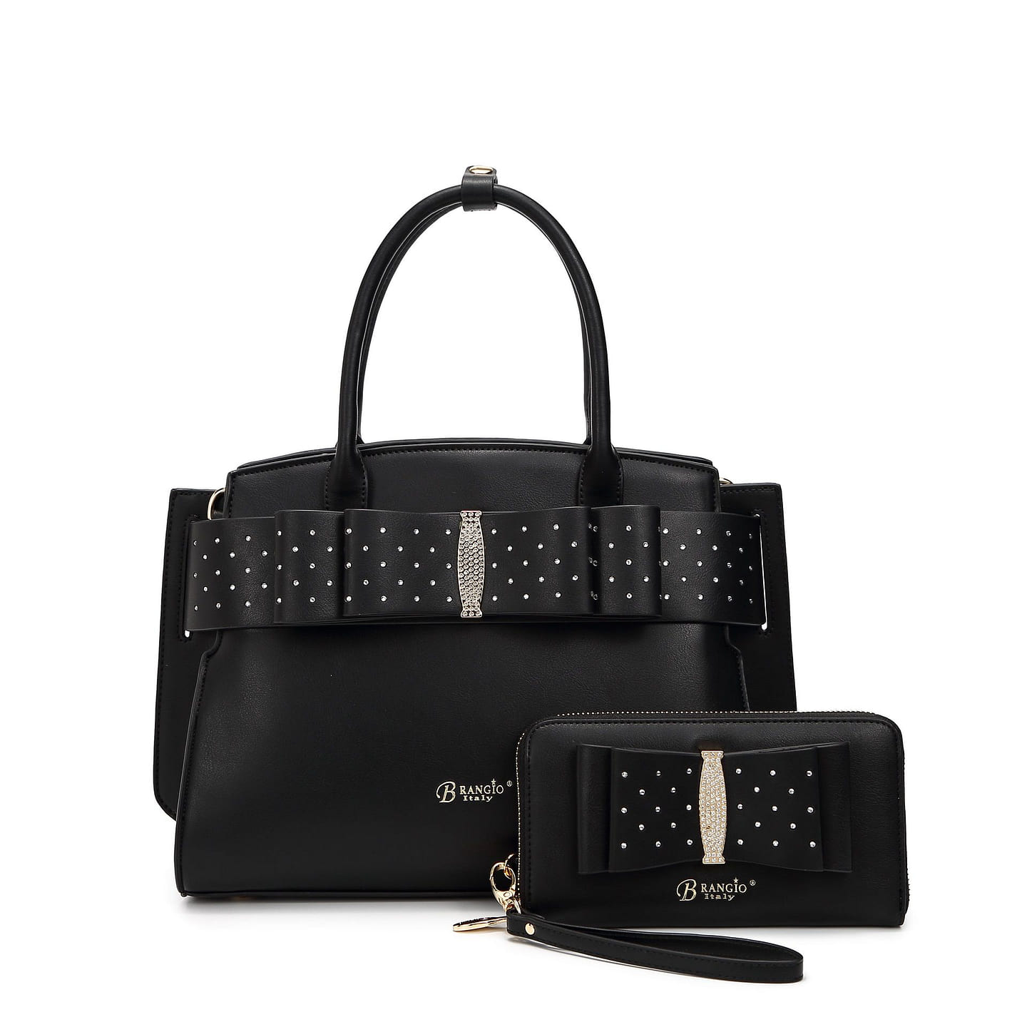 Ribbon Romance Satchel with Rhinestone+Matching Wallet Set [RKH4272+RKW4268-BK] 1 each