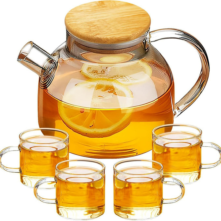 玻璃茶壶5件套 4个茶杯+18.6盎司茶壶 带竹盖