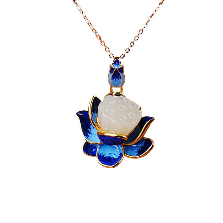 Lotus Hotan Jade Necklace Silver Chain 32 * 25mm