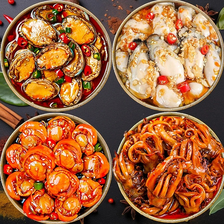 即食海鲜 鲍鱼+生蚝+鱿鱼+扇贝 4样 100 克*4 罐