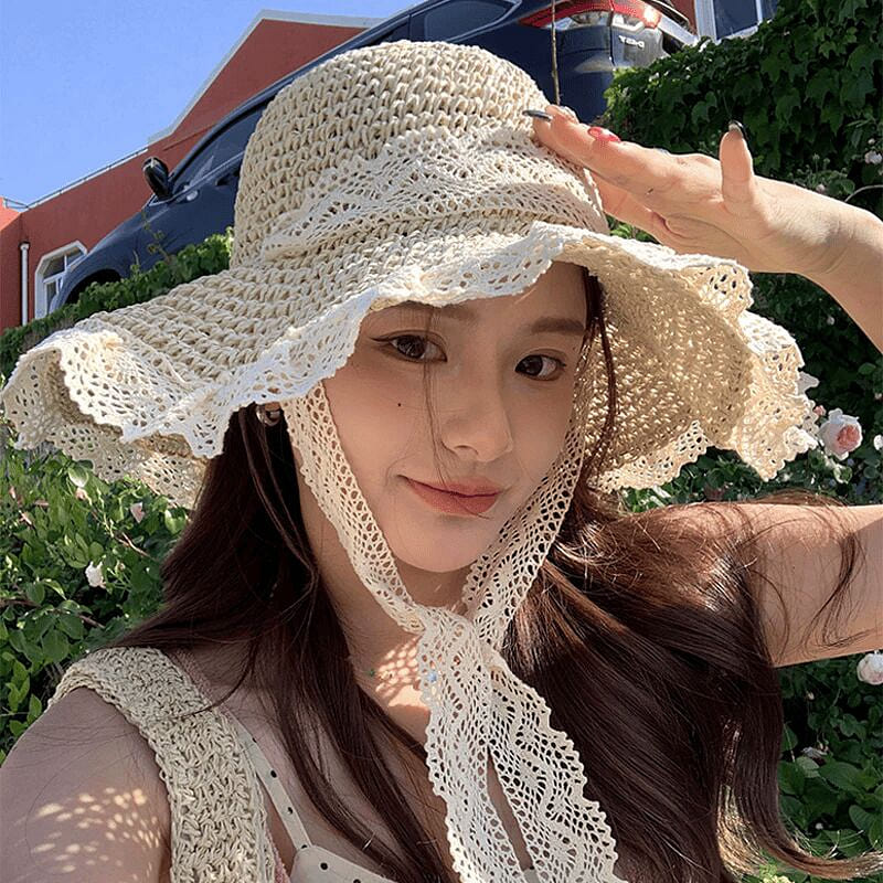 草帽女新款夏季镂空草编帽出游防晒帽子大帽檐遮阳帽 1 份
