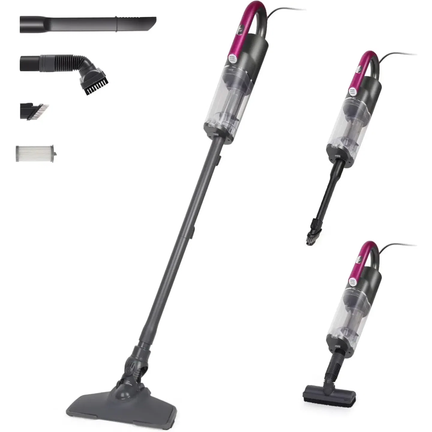 Corded stick vacuum cleaners. Three-in-one, lightweight. Powerful 14KPA suction. Double dust cup design. 23-foot cord. Ideal for home cleaning. Handles carpet, pet hair and floor well. 1 each