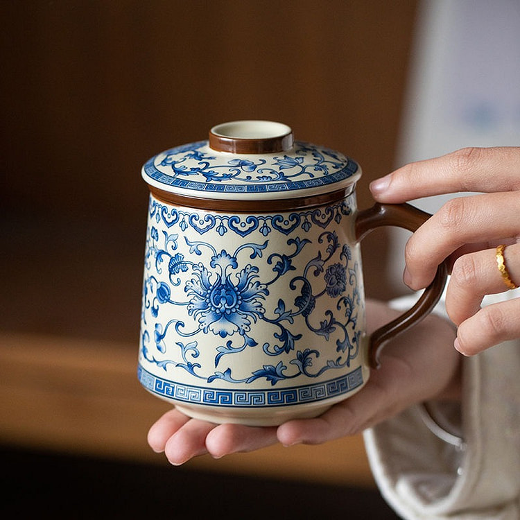 青花汝窑茶杯陶瓷中式高端马克杯个人泡茶水杯子 1 个