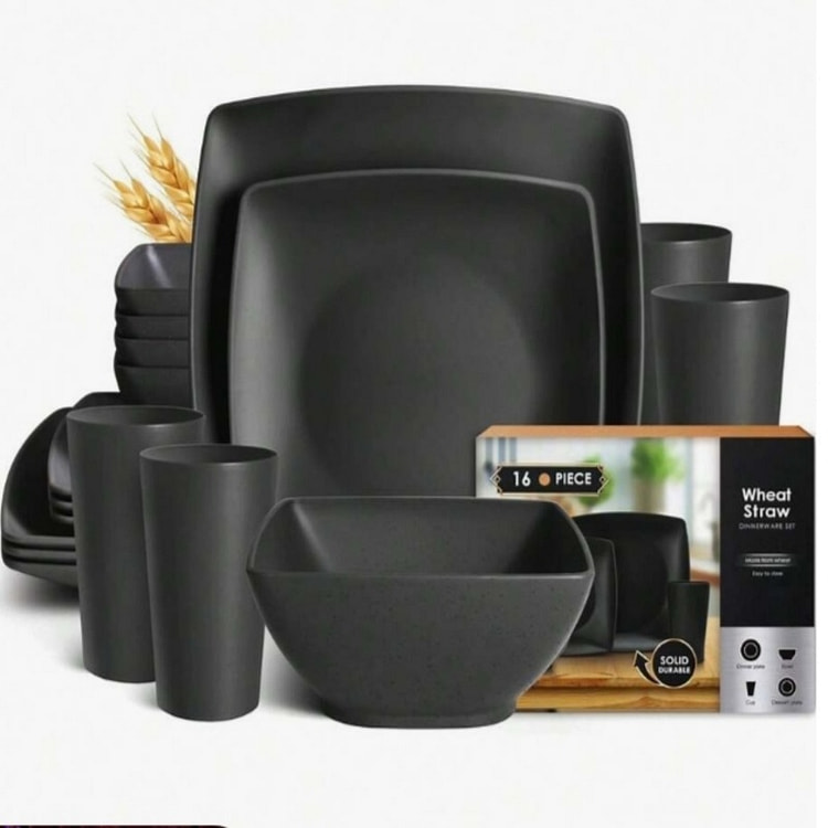 16-Piece Plastic Wheat Straw Square Dinnerware Set 16 count