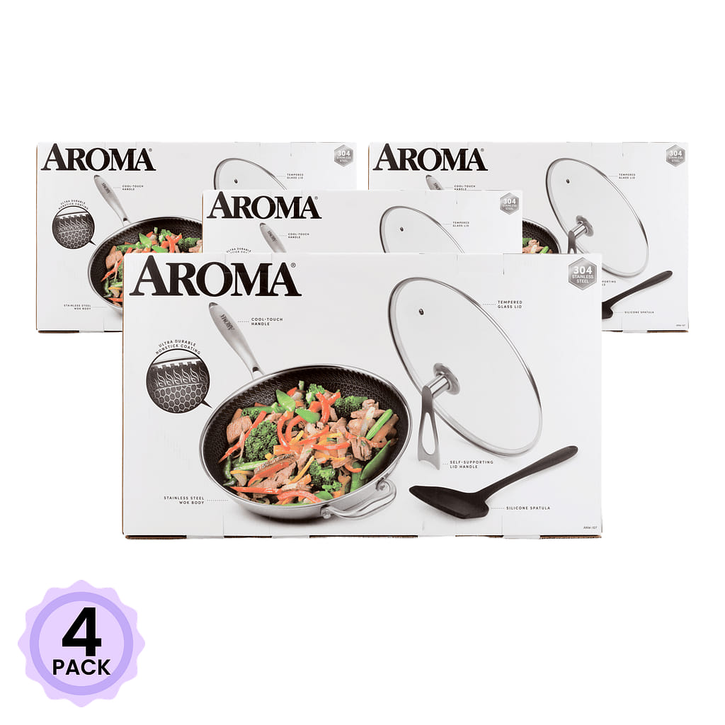 Aroma Non-Stick Stainless Steel Wok Pan with Self-Balancing Lid and Honeycomb SurfaceGuard Technology 12.5 Inch ANW-107 1 count*4 pack