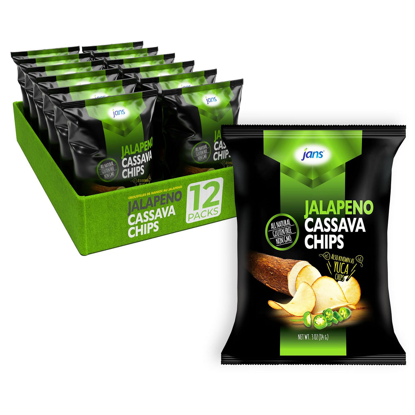 Jans Root Chips Jalapeno Cassava 3 Oz, Pack of 12 3 oz*12 pack