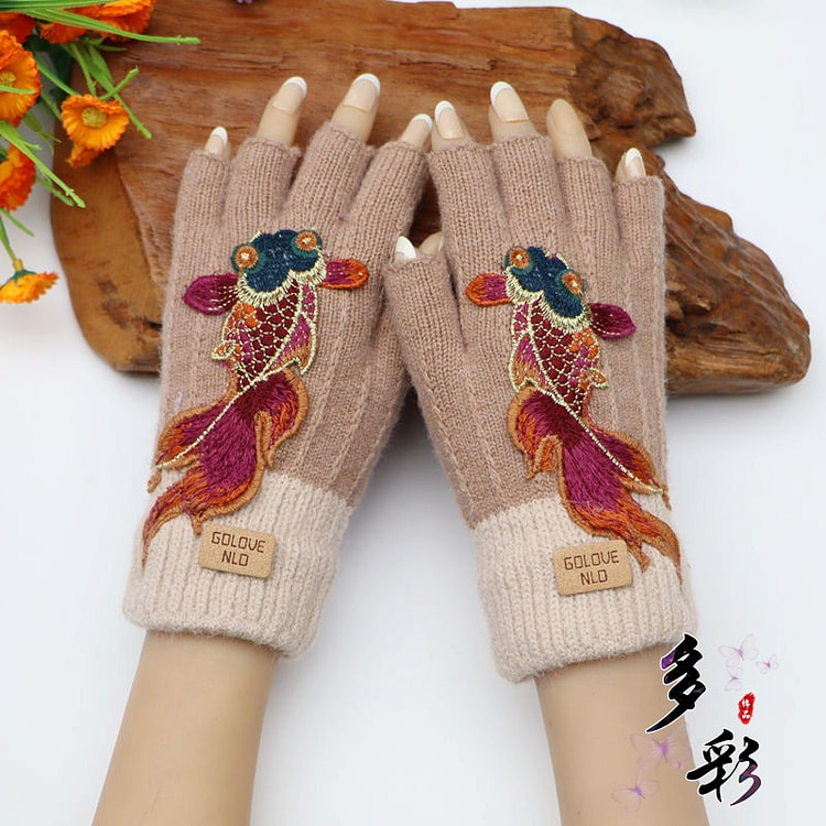民族绣花 半指手套 女秋冬季毛线针织加厚 卡其色 1 个