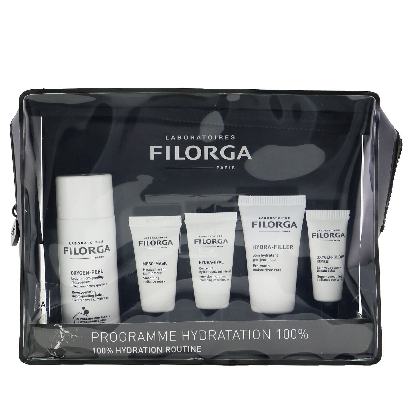 Filorga 100% Hydration Routine Set: Oxygen Peel 50ml+Meso Mask 7ml + Hydra-Hyal 7ml + Hydra-Filler 15ml+ Oxygen Glow Eyes 4ml + Bag 5pcs+1bag 5 g