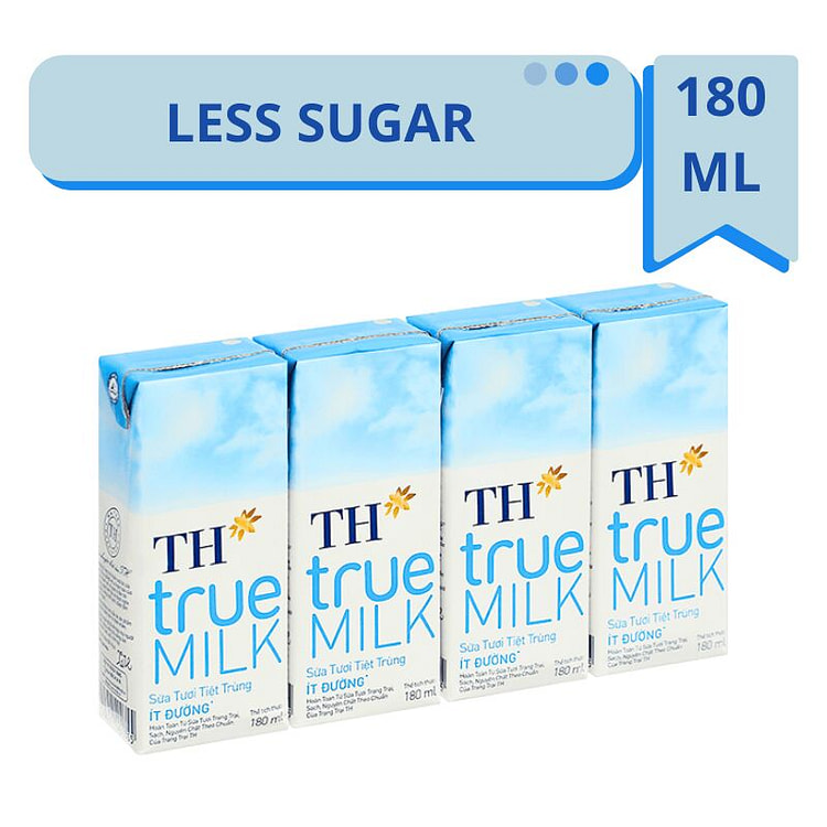 [TH] Sữa tươi tiệt trùng ít đường TH True Milk - 180ml (Lốc 4 Hộp) 1 each