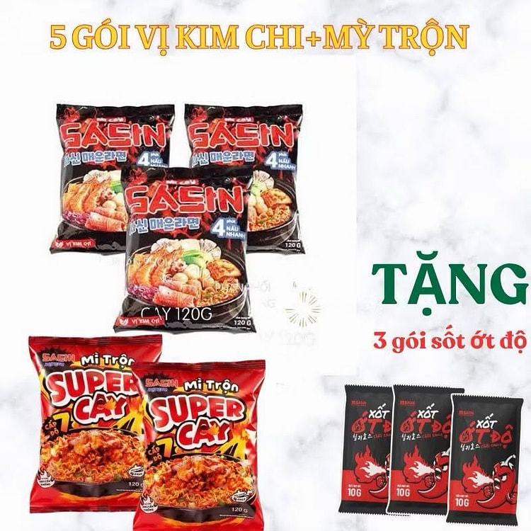 [COMBO 5] 3 GÓI MÌ CAY SASIN VỊ KIM CHI + 2 MÌ TRỘN SASIN 5 gói