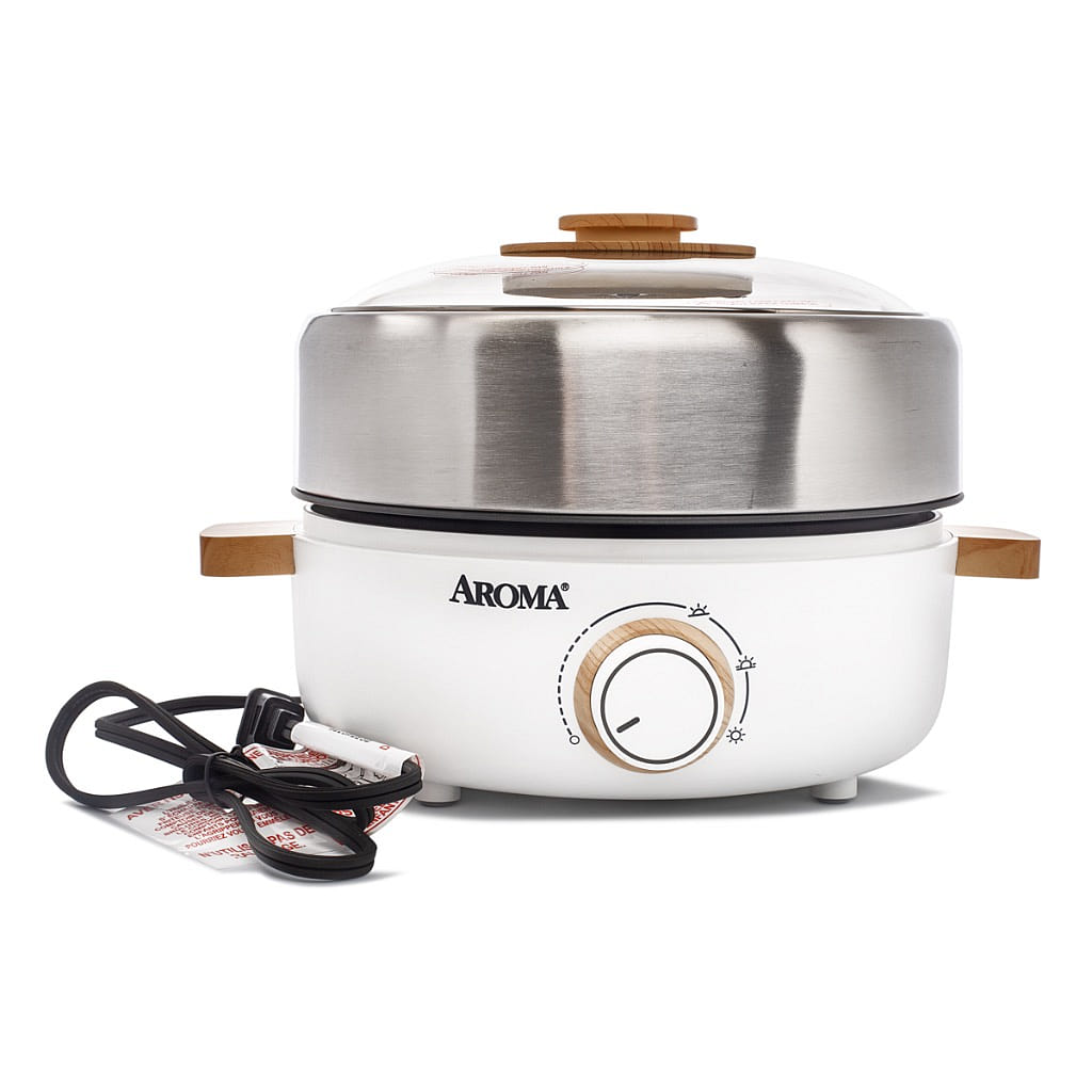 Aroma Stainless Steel 2 in 1 Hot Pot with Glass Lid, White 2.5 L (AMC-130) 1 count
