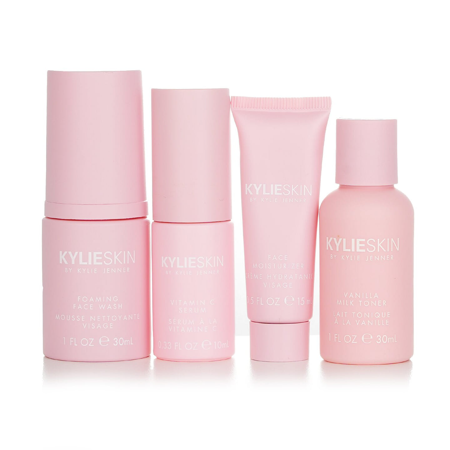Kylie Skin 4-Piece Mini Set: Foaming Face Wash 30ml + Face Moisturizer 15ml + Vitamin C Serum 10ml + Vanilla Milk Toner 30ml 4 bottle