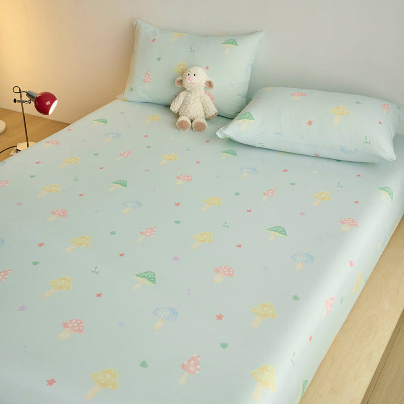 Glace Dreams Fitted Sheet Set Mint Mushroom-Queen 2000 g