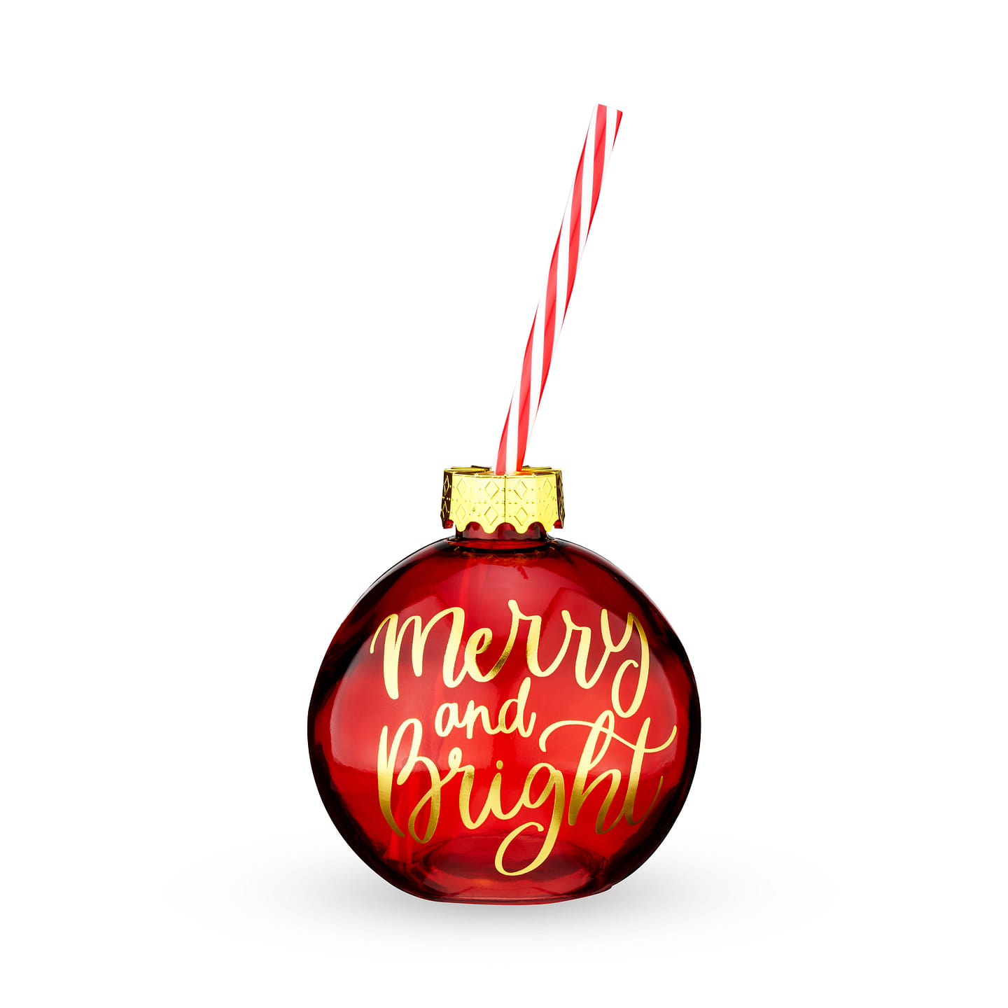 Blush Ornament Drink Cup with Straws for Christmas – 14 Ounce Vintage Style Christmas Party Decoration Wine Globe with Peppermint Stripe, Party Supplies 14 oz