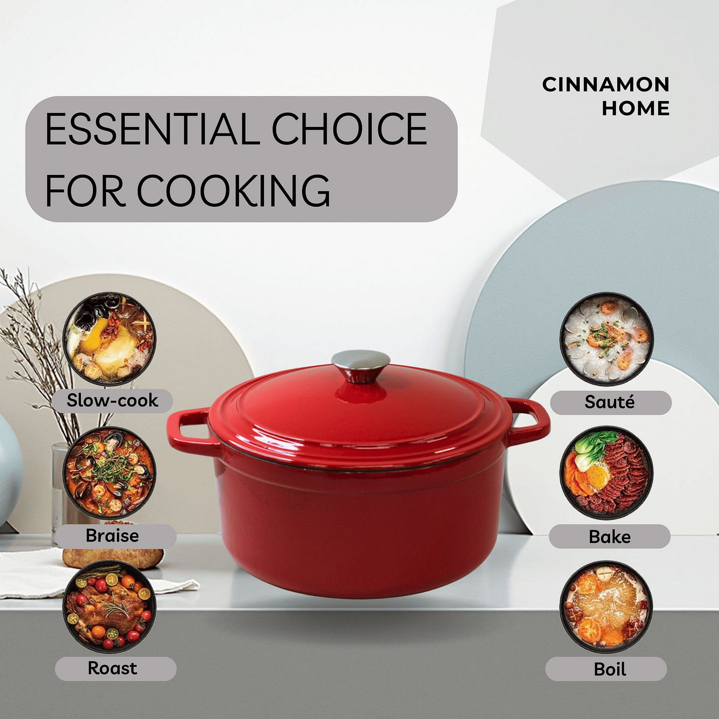 CinnamonHome 5.5QT Enamel Cast Iron Dutch Oven-Red 1 each