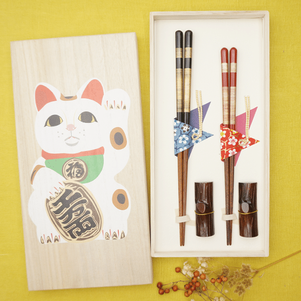 Lucky Cat (Cherry Blossom Couple & Stump Chopstick Rest) Made in Japan 1 each