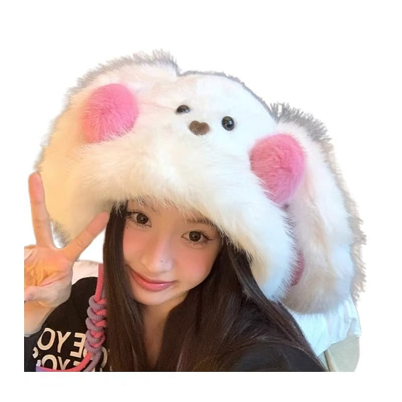 Big Ear Rabbit Hat Cute Sweet Warm All Big Head Around Plush Ear Cap-White 1 Pc 1 count