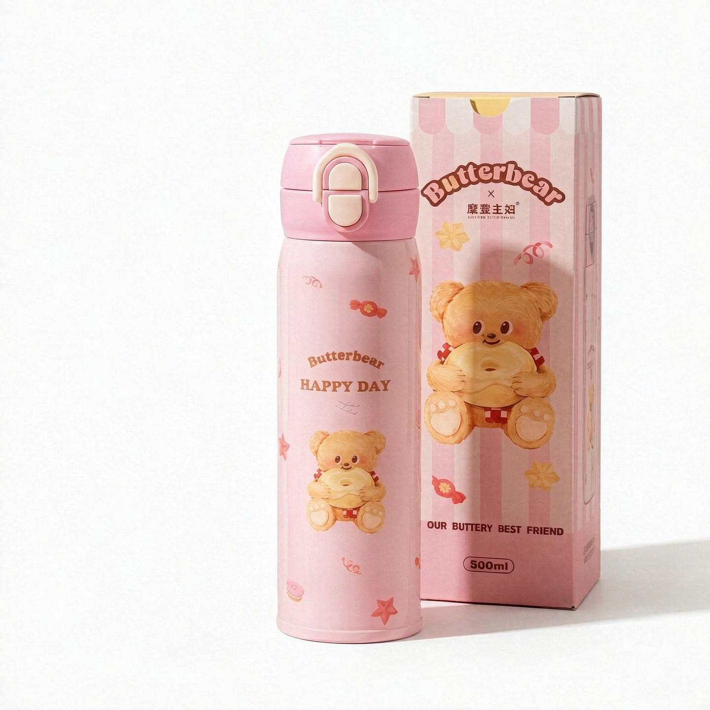 Butter Bear Thermos Cup 500ml – Pink 1 count