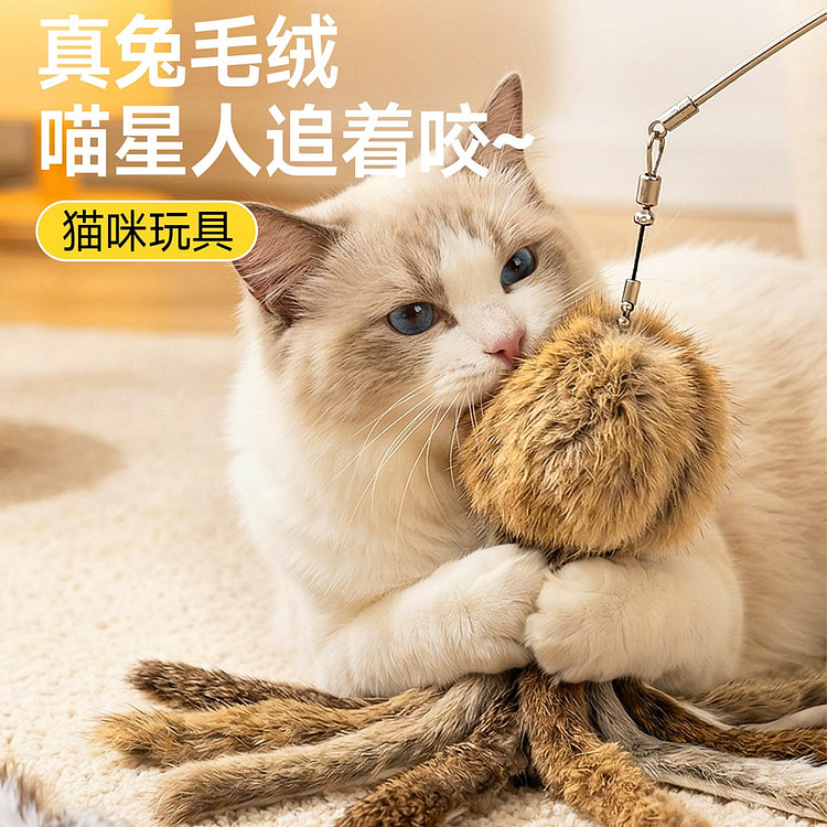 Rabbit fur octopus cat toy 18cm 1 each