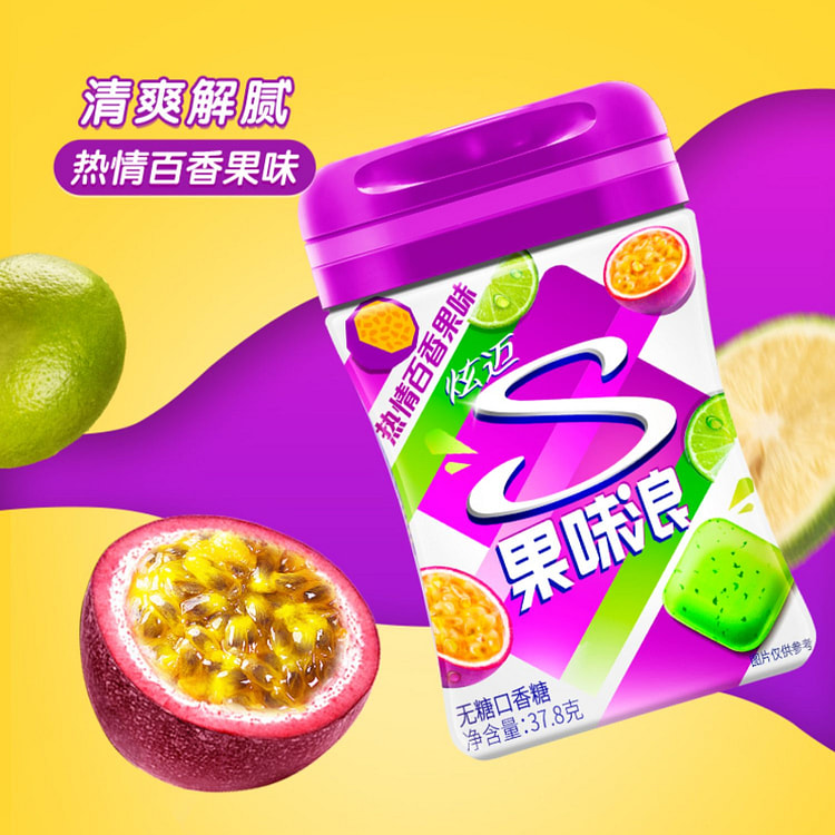 炫迈果味脆皮无糖口香糖热情百香果味37.8g*1瓶