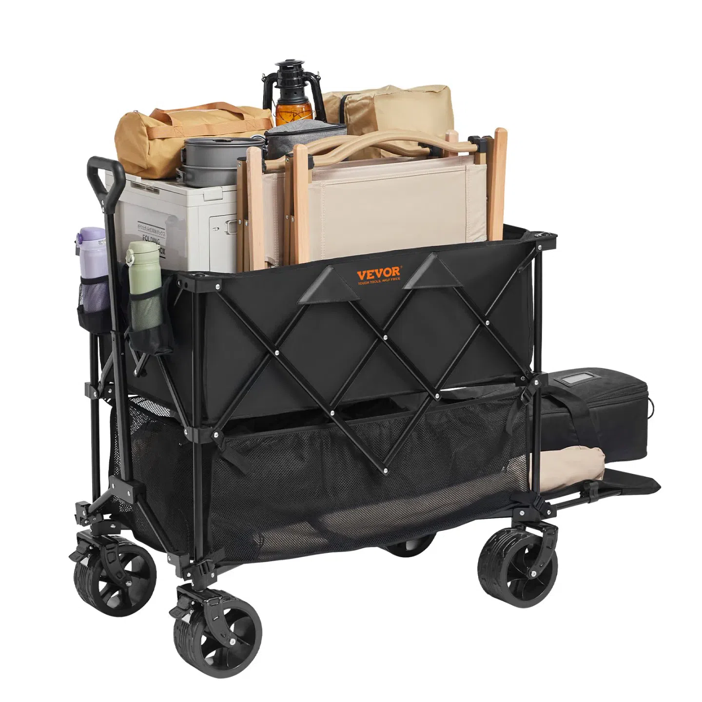 VEVOR Foldable Double Decker Wagon, 400L Collapsible Wagon Cart with All-Terrain Wheels, Heavy Duty Folding Wagon Cart 450 lbs Weight Capacity for Camping, Shopping, Garden, 52 Extra Long Extender 1 each