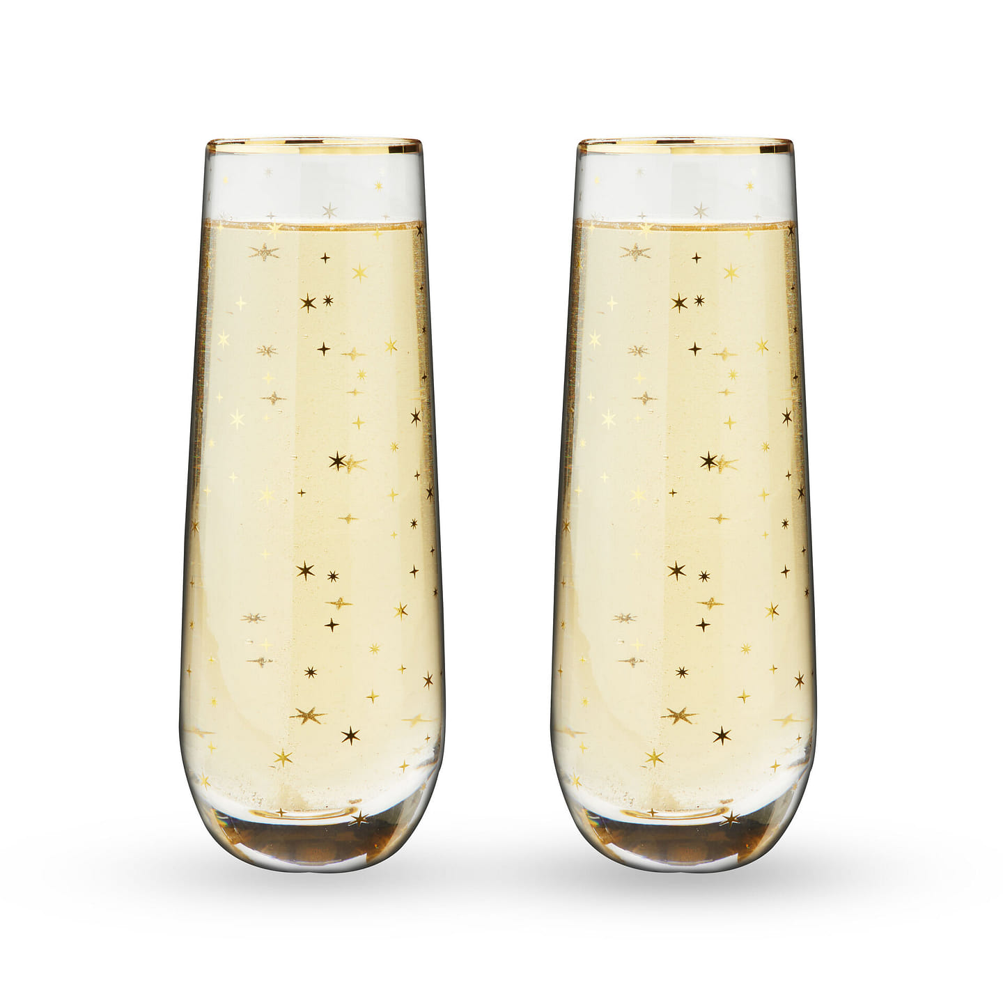 Twine Starlight Stemless Champagne Glasses, Set of 2 18 oz Festive Gold Rim Flutes, Decorative Barware 10 oz