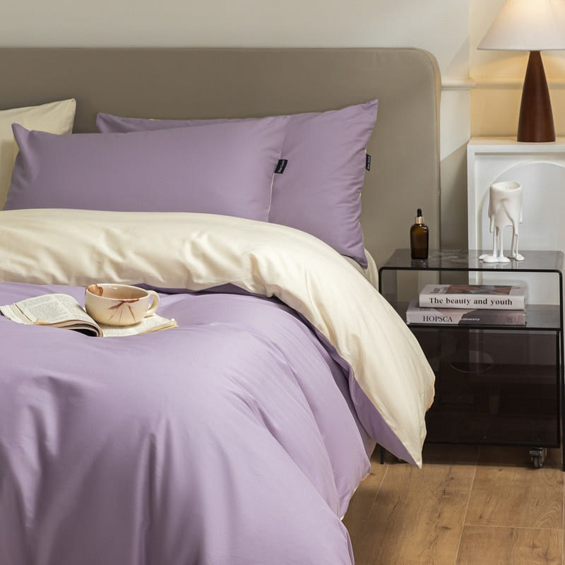 Bedding Set King Size Flat Sheetx1 Duvet Coverx1 Pillow Casex2 White+Purple 1 each