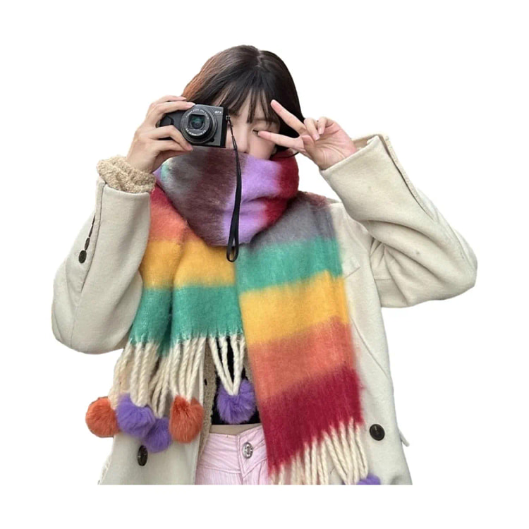 多巴胺彩色条纹手工毛球保暖围巾 加厚 防寒-彩虹 1 个