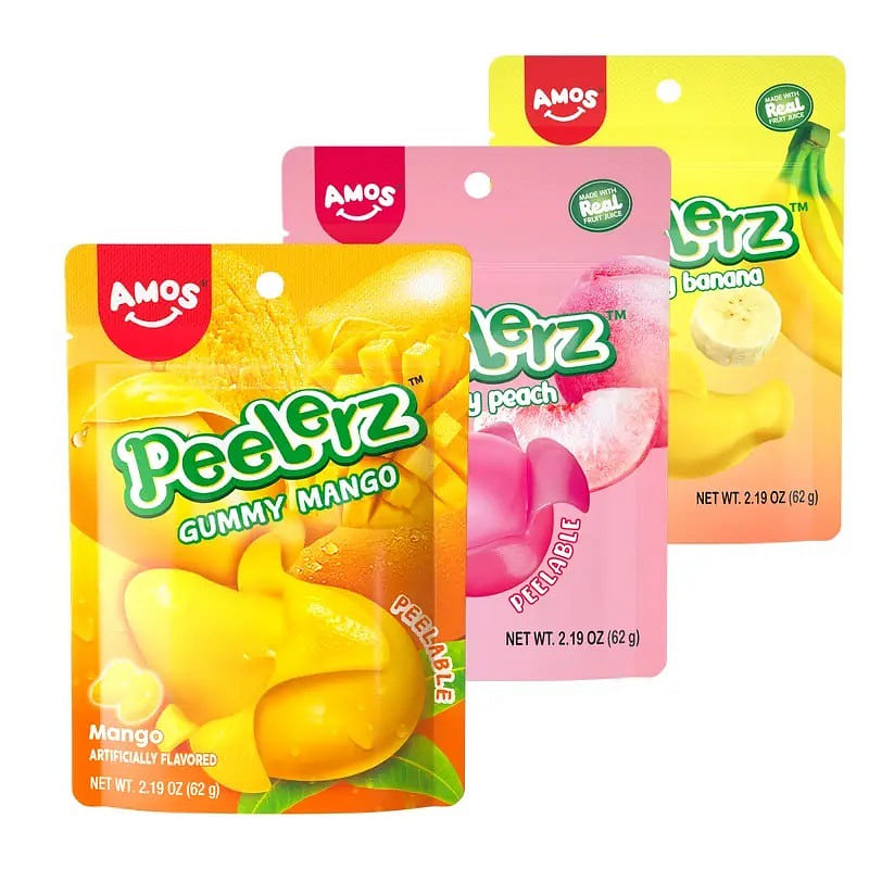 Amos 9 Packs Peelerz Peelable Gummy Candy Bundle Mango, Peach, Banana Variety 9 each