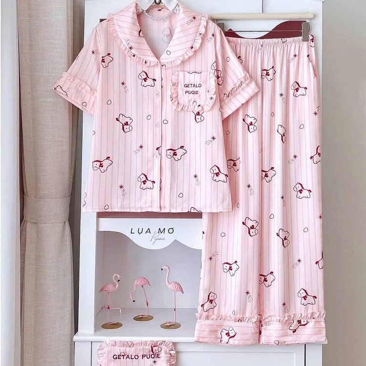 Premium Silk Pajamas Pink Red Pattern SSLP Set 1 count