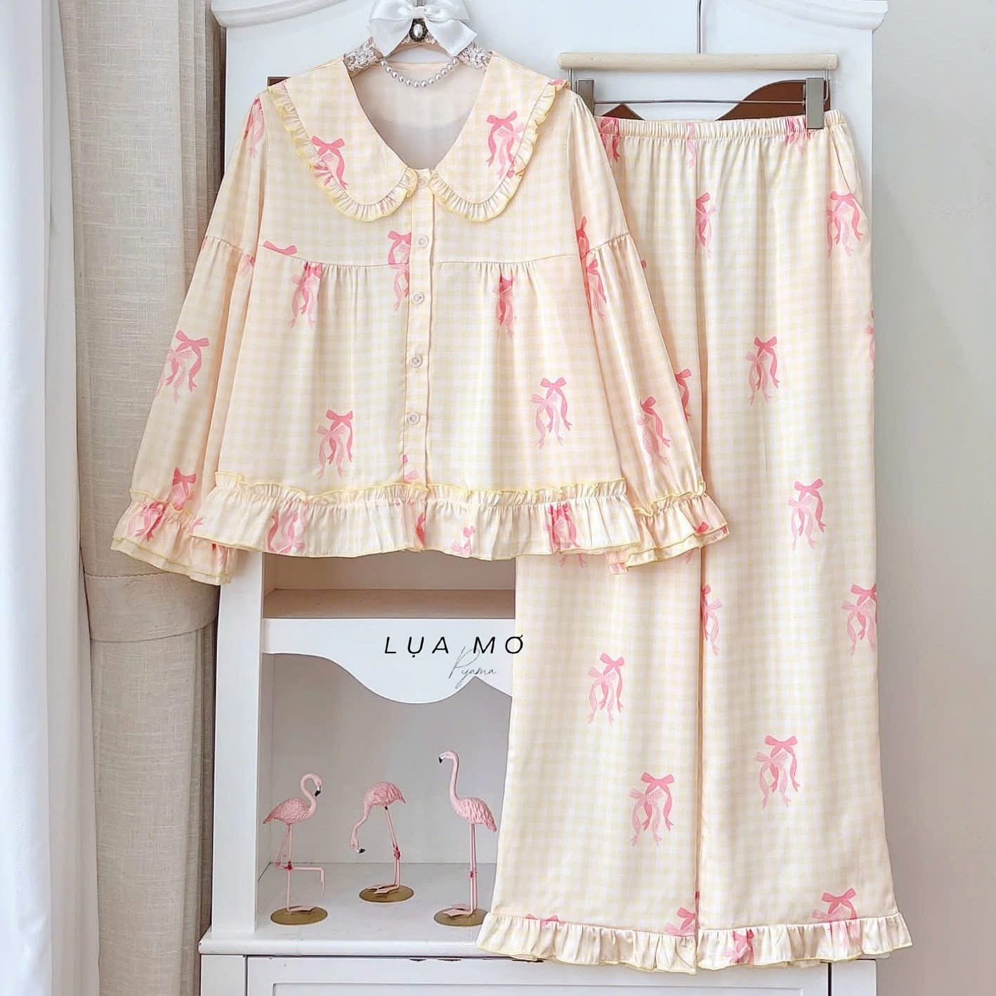 Premium Silk Yellow Pink Bow Ruffle Trim Pajama 1 count