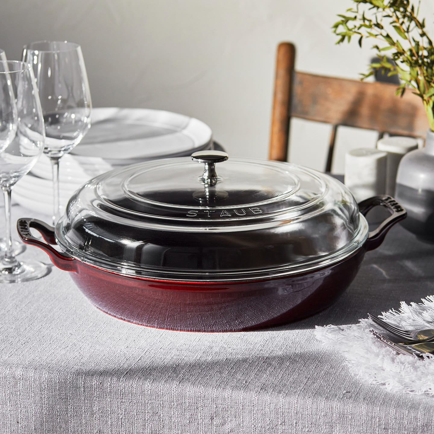 STAUB Cast Iron 3.5-qt Braiser with Glass Lid 3.5-qt / Grenadine 1 each