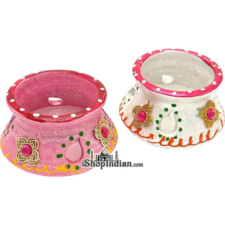 Pink & White Cutting Matki Diyas - 6 Pack (MTK-10)