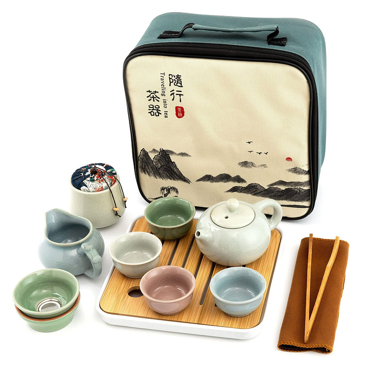 陶瓷功夫茶具12件套 旅行茶具茶壶茶杯茶盘茶罐包邮
