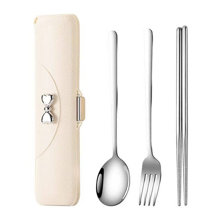 蝴蝶结皮纹餐具盒 勺叉筷套装 奶白色 1 个