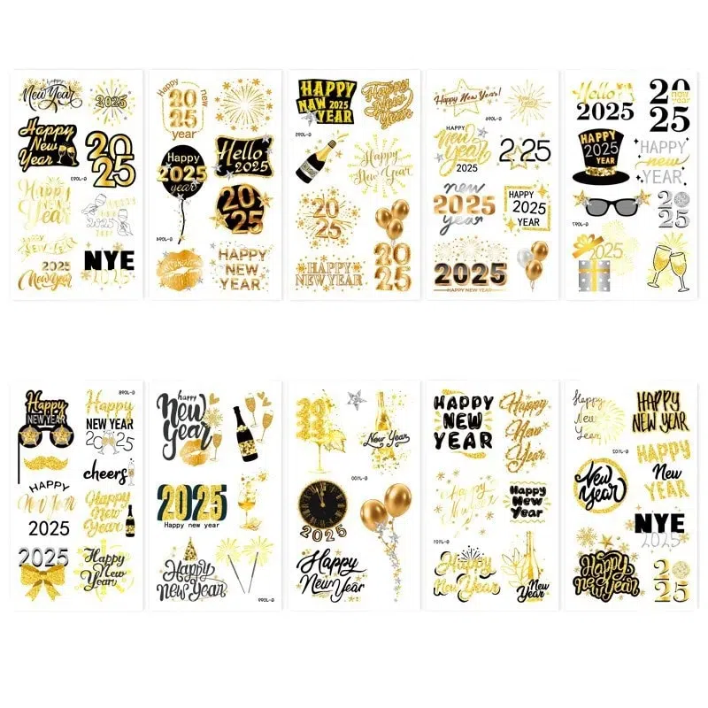 Happy New Year Tattoo With Gold Balloon Party Party Waterproof One-Time 10 Sets 1 count