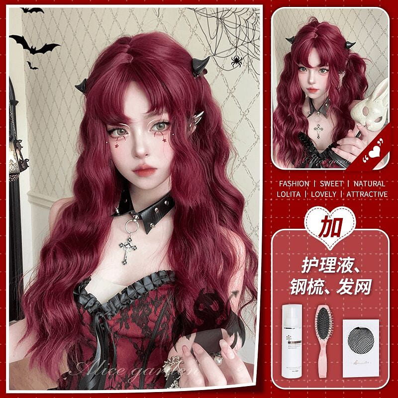 Women’s wig long curly burgundy color + steel comb 1 count