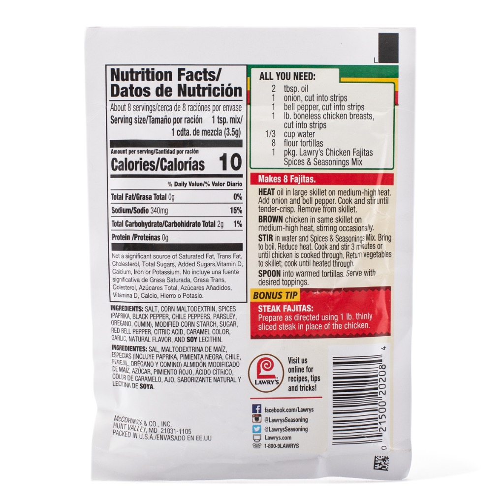Nutrition Facts Gold Star Chili Packets Get Lawry's Chicken