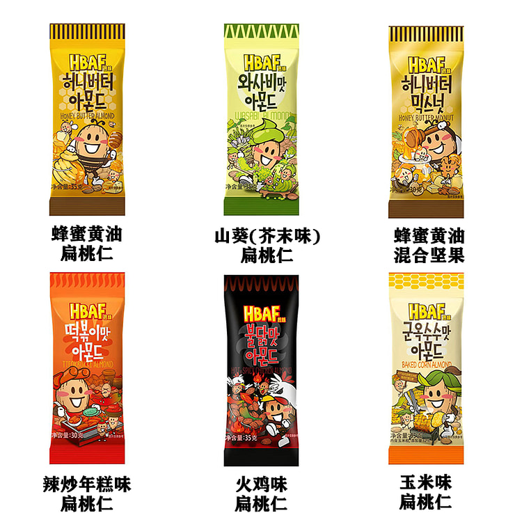 韩国汤姆农场扁桃仁坚果6种口味组合蜂蜜黄油，芥末，火鸡，辣年糕，玉米