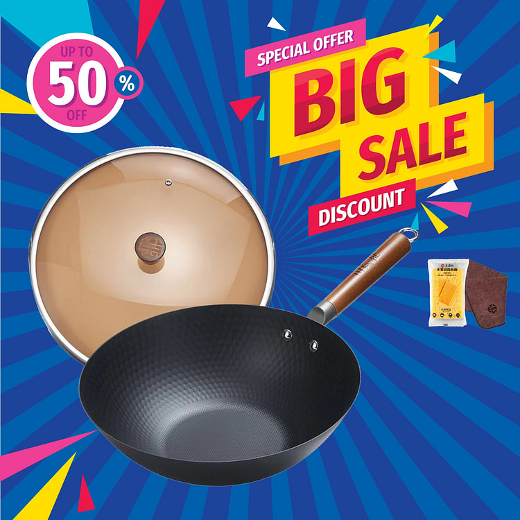 32cm WANGYUANJI Lightweight Carbon Steel Iron Wok Uncoated Flat Bottom - 1.