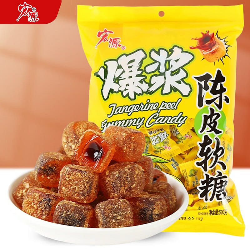 Hongyuan burst pulp tangerine peel gummies casual snacks like candy sandwich can 500 g