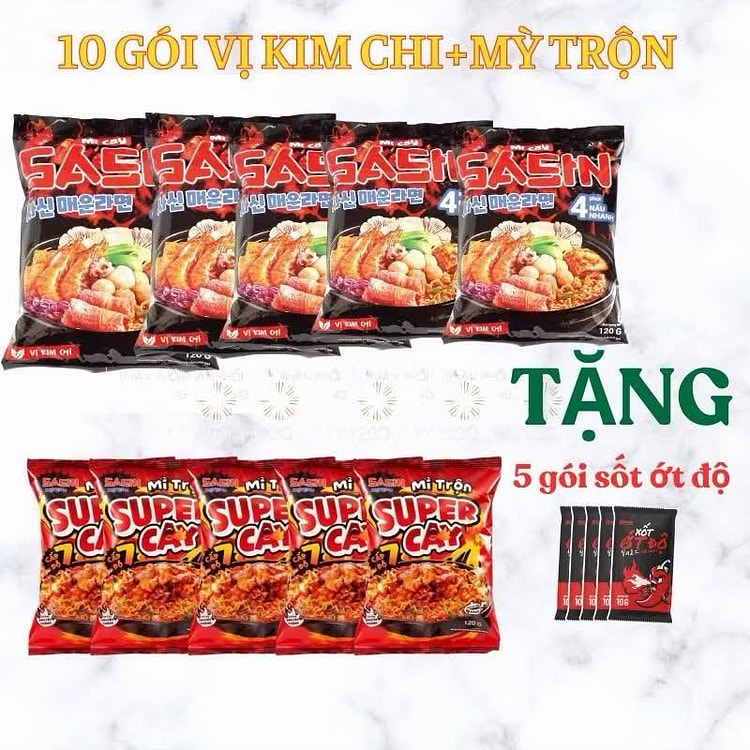 [COMBO 10] 5 GÓI MÌ CAY SASIN VỊ KIM CHI + 5 MÌ TRỘN SASIN 10 gói